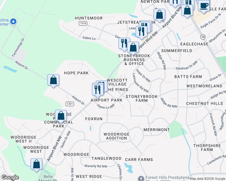 map of restaurants, bars, coffee shops, grocery stores, and more near 3415 Pear Tree Court Northwest in Wilson