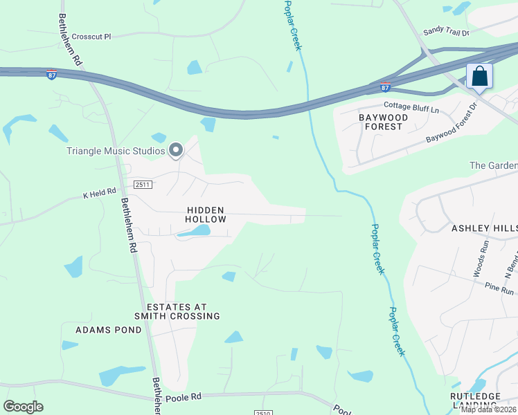 map of restaurants, bars, coffee shops, grocery stores, and more near 4632 Hidden Hollow Lane in Knightdale