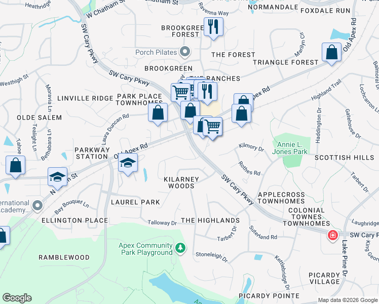 map of restaurants, bars, coffee shops, grocery stores, and more near 116 Loch Lomond Circle in Cary