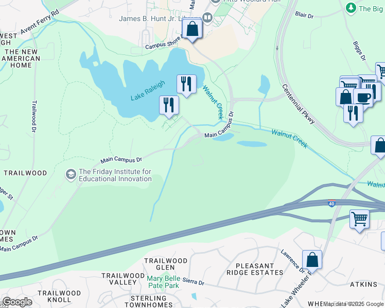 map of restaurants, bars, coffee shops, grocery stores, and more near 1509 Main Campus Drive in Raleigh