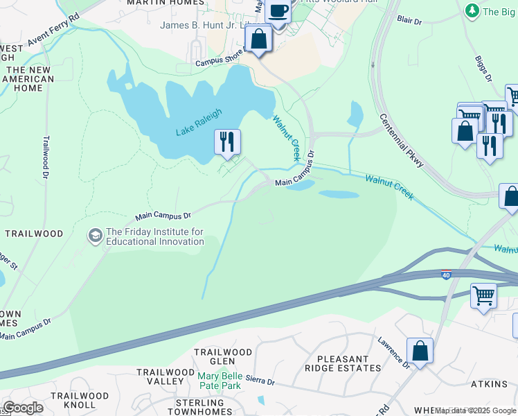 map of restaurants, bars, coffee shops, grocery stores, and more near 1509 Main Campus Dr in Raleigh