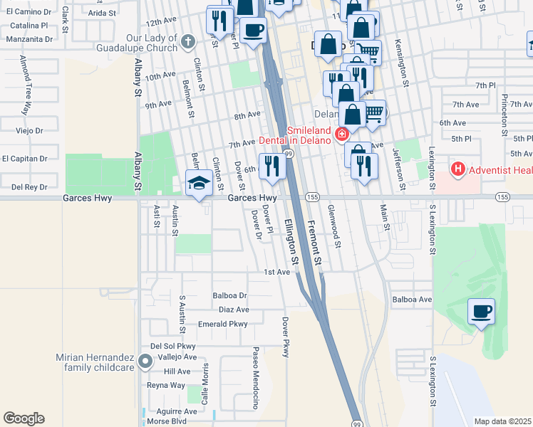 map of restaurants, bars, coffee shops, grocery stores, and more near 301 Dover Drive in Delano