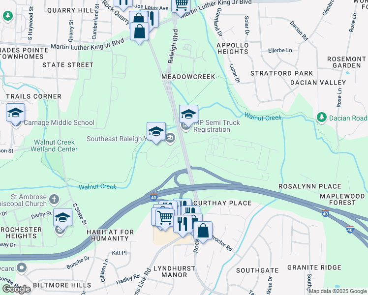 map of restaurants, bars, coffee shops, grocery stores, and more near 1448-1484 Rock Quarry Road in Raleigh