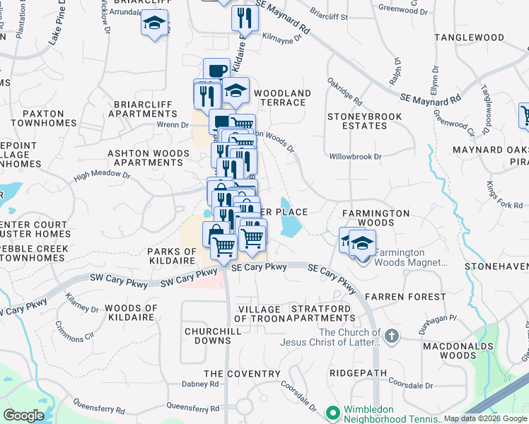 map of restaurants, bars, coffee shops, grocery stores, and more near 214 Hanover Place in Cary