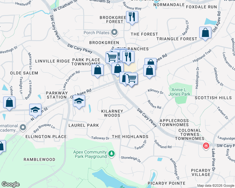 map of restaurants, bars, coffee shops, grocery stores, and more near 116 Loch Lomond Circle in Cary