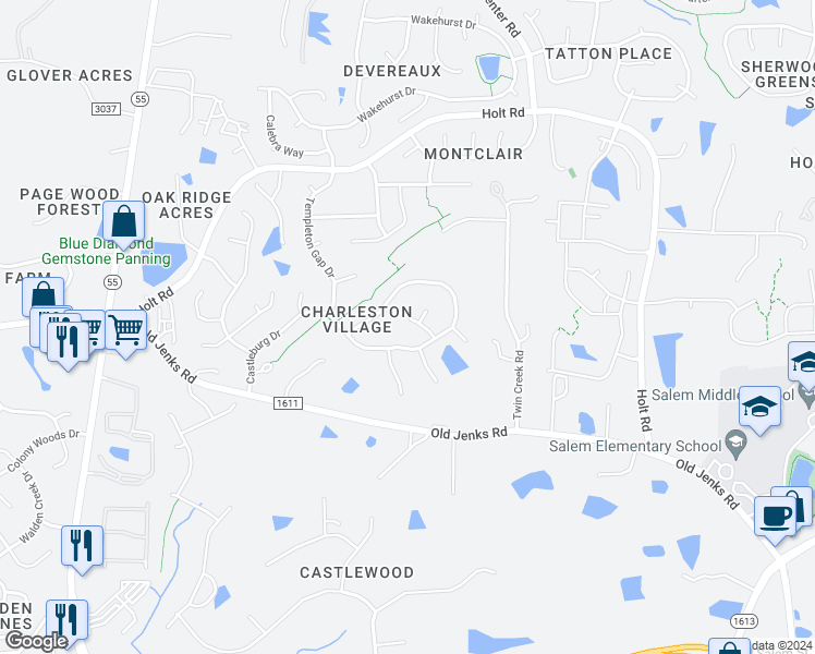map of restaurants, bars, coffee shops, grocery stores, and more near 3008 Cumberland Gap Court in Apex