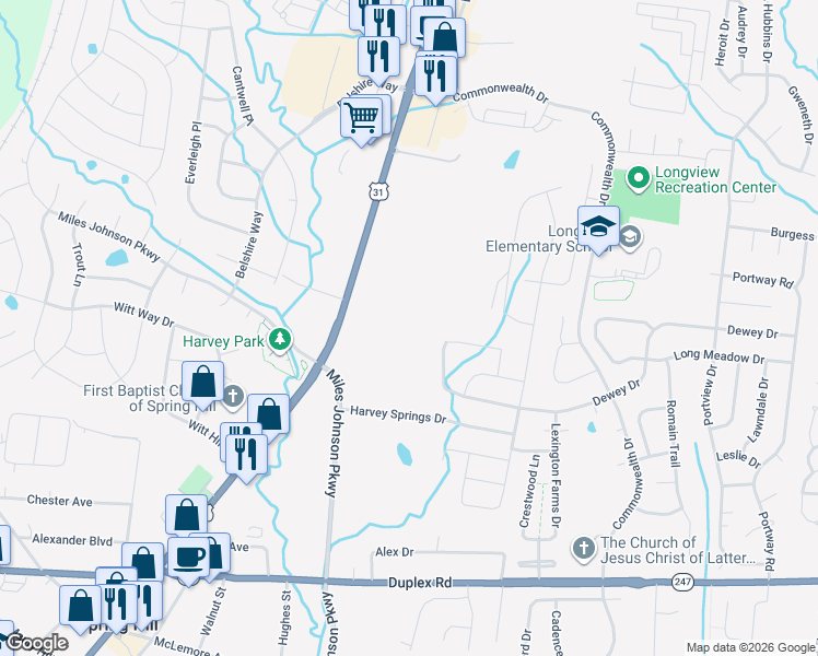 map of restaurants, bars, coffee shops, grocery stores, and more near 2317 Dewey Drive in Spring Hill