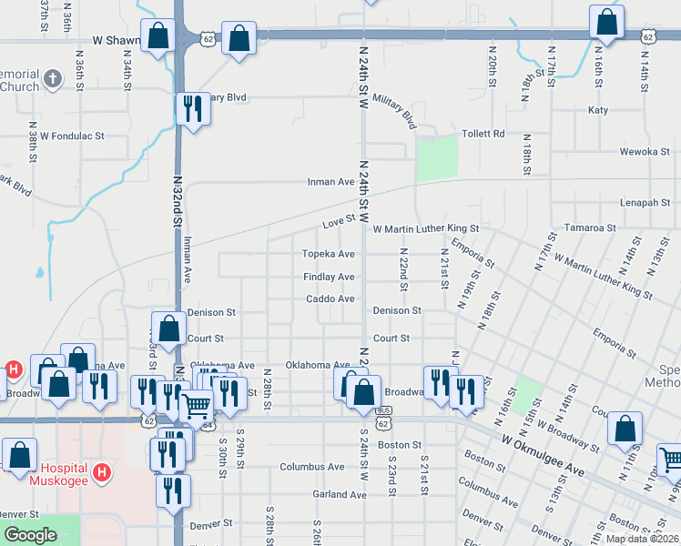 map of restaurants, bars, coffee shops, grocery stores, and more near 2606 Caddo Avenue in Muskogee