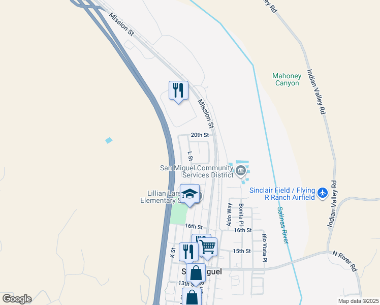 map of restaurants, bars, coffee shops, grocery stores, and more near 965 L Street in San Miguel