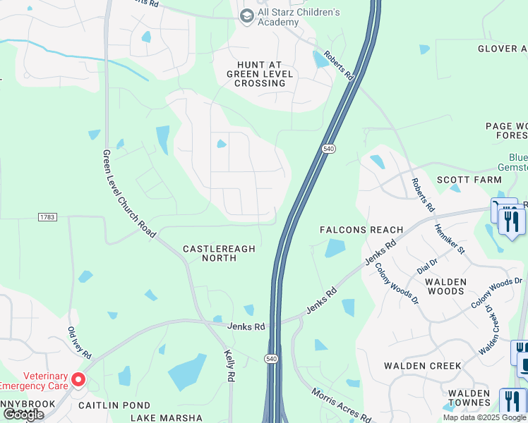 map of restaurants, bars, coffee shops, grocery stores, and more near 651 Spire Bend in Apex
