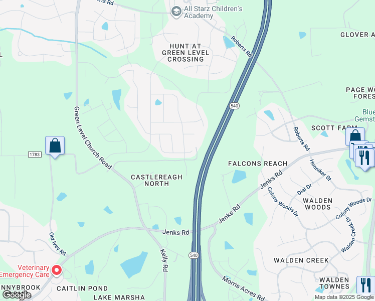 map of restaurants, bars, coffee shops, grocery stores, and more near 651 Spire Bend in Apex
