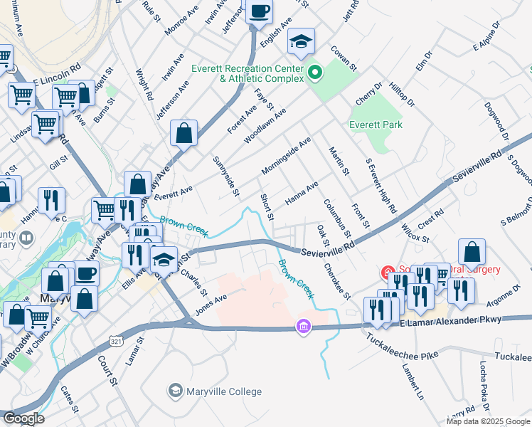 map of restaurants, bars, coffee shops, grocery stores, and more near 625 Short Street in Maryville