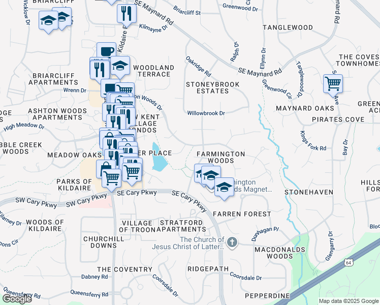 map of restaurants, bars, coffee shops, grocery stores, and more near 107 Overview Lane in Cary