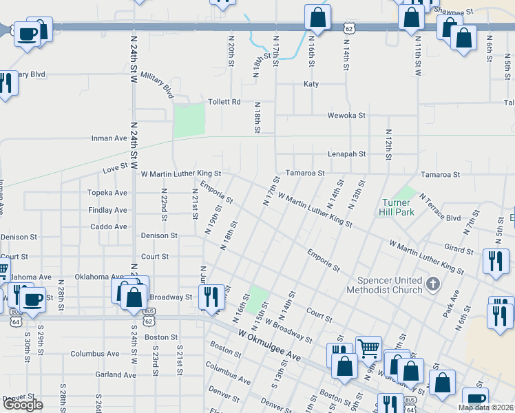map of restaurants, bars, coffee shops, grocery stores, and more near 441 North 17th Street in Muskogee