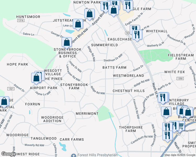 map of restaurants, bars, coffee shops, grocery stores, and more near 2613-2615 Nottingham Road Northwest in Wilson