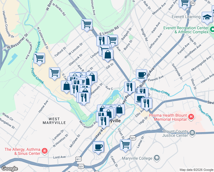 map of restaurants, bars, coffee shops, grocery stores, and more near 328 Olympia Drive in Maryville