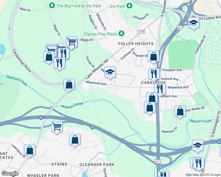 map of restaurants, bars, coffee shops, grocery stores, and more near 1620 Ella Wiggins Way in Raleigh