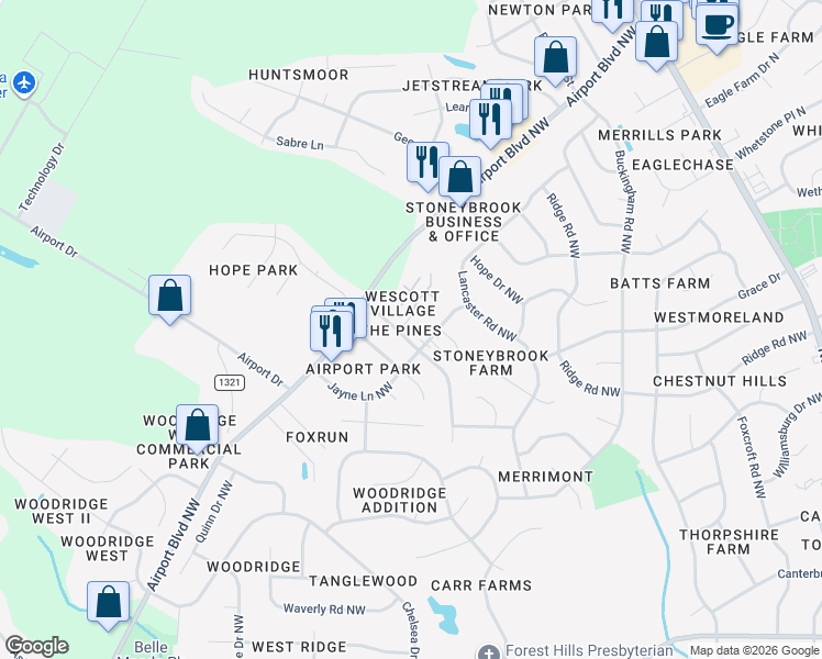 map of restaurants, bars, coffee shops, grocery stores, and more near 3415 Pear Tree Court Northwest in Wilson
