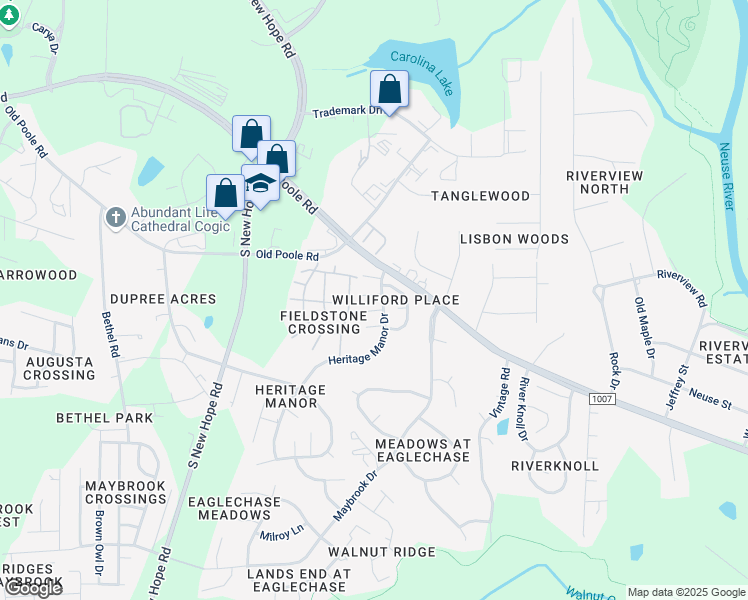 map of restaurants, bars, coffee shops, grocery stores, and more near 5104 Twisted Willow Way in Raleigh