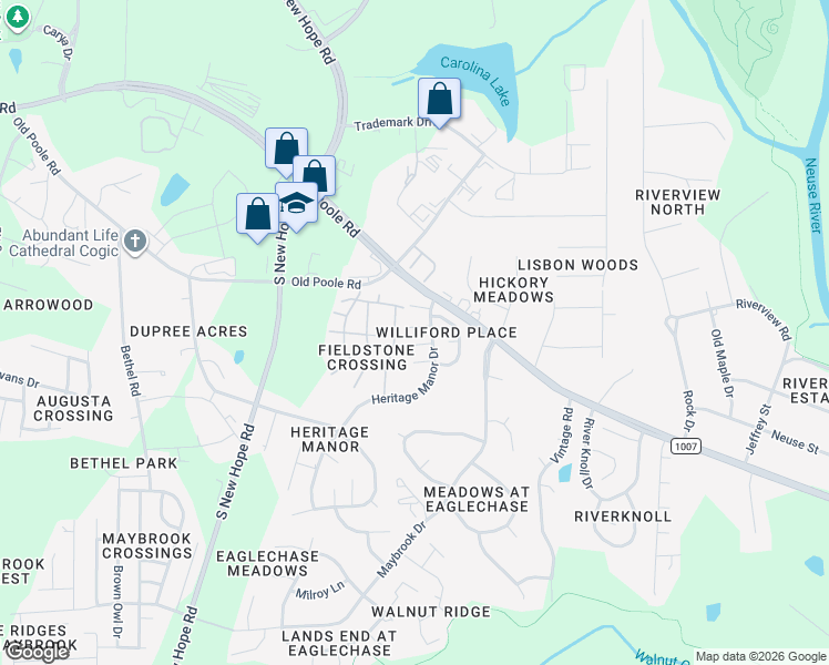 map of restaurants, bars, coffee shops, grocery stores, and more near 5106 Twisted Willow Way in Raleigh