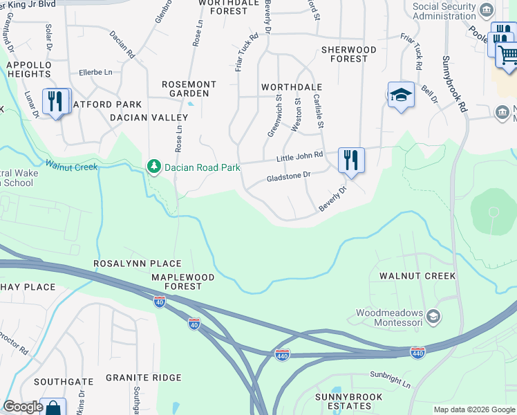 map of restaurants, bars, coffee shops, grocery stores, and more near 1220 Beverly Drive in Raleigh