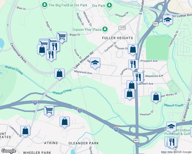 map of restaurants, bars, coffee shops, grocery stores, and more near 1620 Ella Wiggins Way in Raleigh