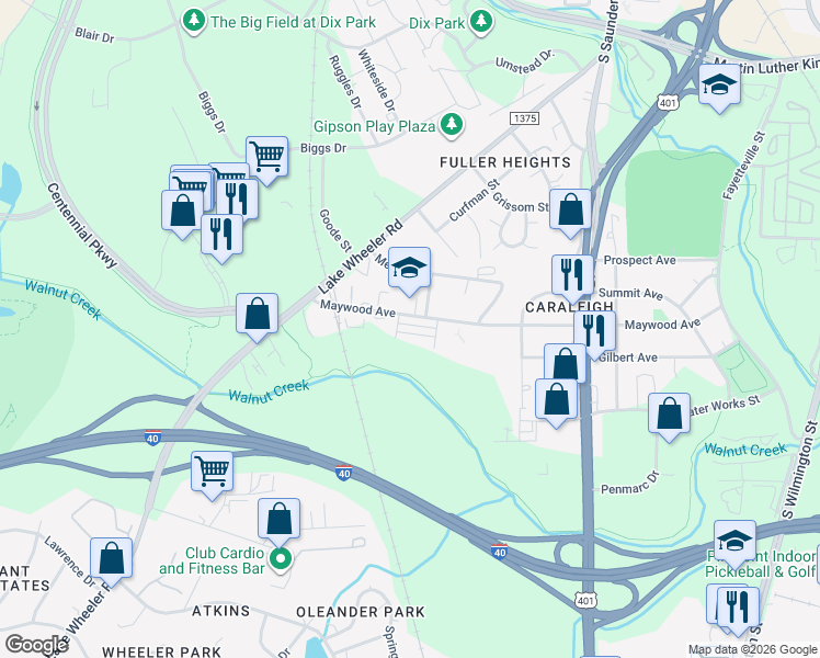 map of restaurants, bars, coffee shops, grocery stores, and more near 1620 Ella Wiggins Way in Raleigh