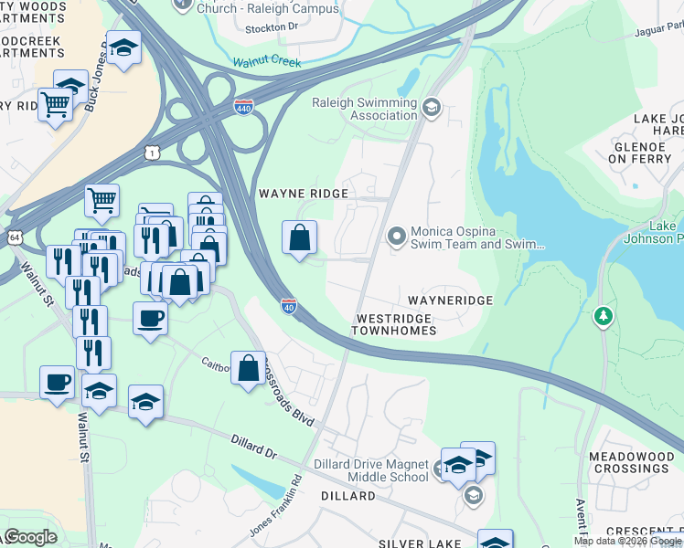 map of restaurants, bars, coffee shops, grocery stores, and more near 1522 Jones Franklin Road in Raleigh