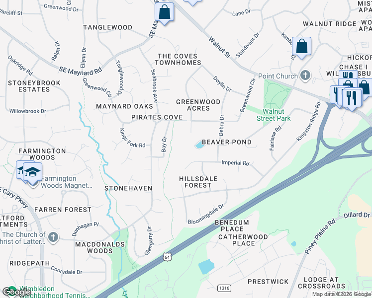 map of restaurants, bars, coffee shops, grocery stores, and more near 1105 Imperial Road in Cary