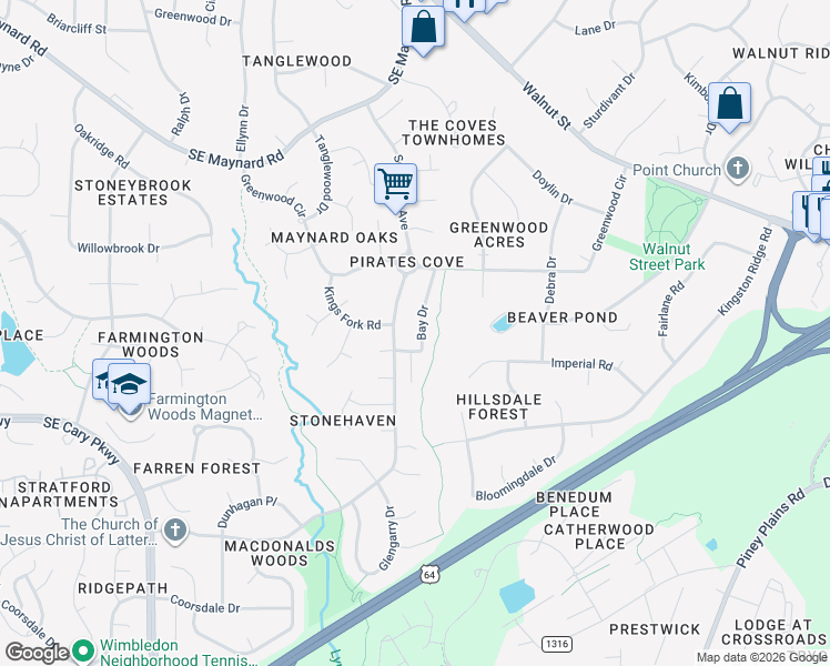 map of restaurants, bars, coffee shops, grocery stores, and more near 101 Barbary Court in Cary
