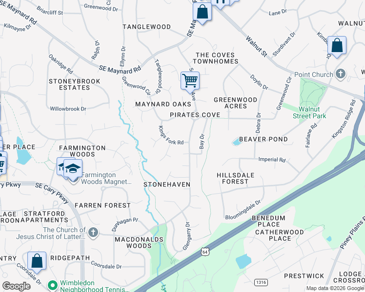 map of restaurants, bars, coffee shops, grocery stores, and more near 1408 Coral Court in Cary