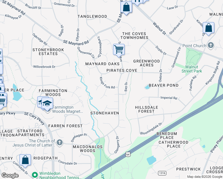 map of restaurants, bars, coffee shops, grocery stores, and more near 1408 Coral Court in Cary