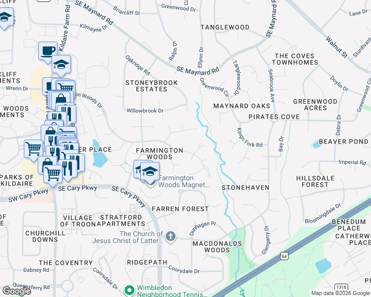 map of restaurants, bars, coffee shops, grocery stores, and more near 504 Farmington Woods Drive in Cary