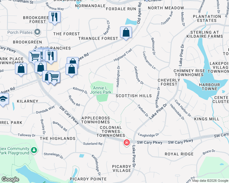 map of restaurants, bars, coffee shops, grocery stores, and more near 106 Coatbridge Circle in Cary