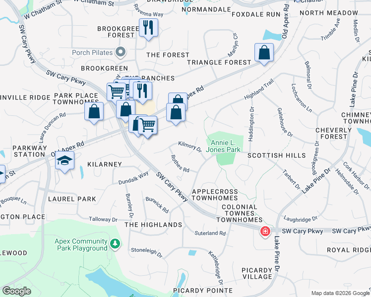 map of restaurants, bars, coffee shops, grocery stores, and more near 1211 Whitborn Court in Cary