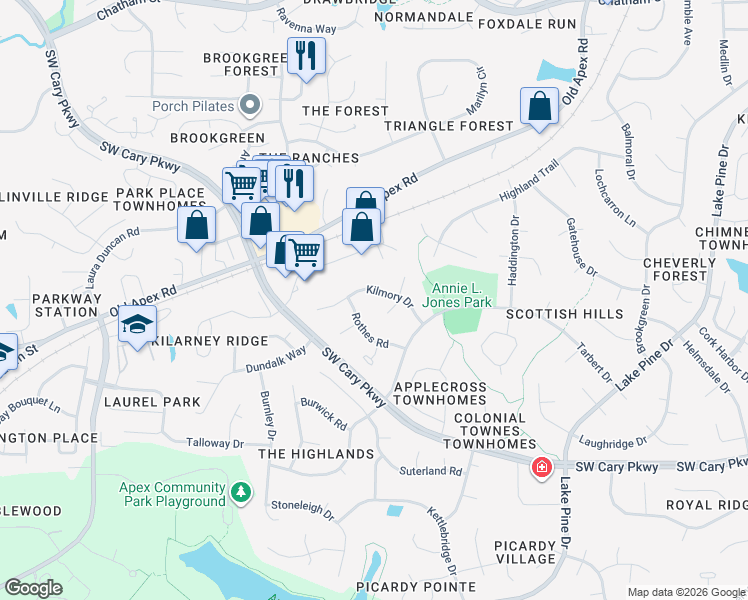 map of restaurants, bars, coffee shops, grocery stores, and more near 1211 Whitborn Court in Cary