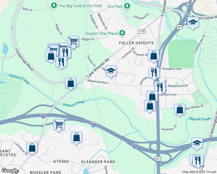 map of restaurants, bars, coffee shops, grocery stores, and more near 649 Maywood Avenue in Raleigh