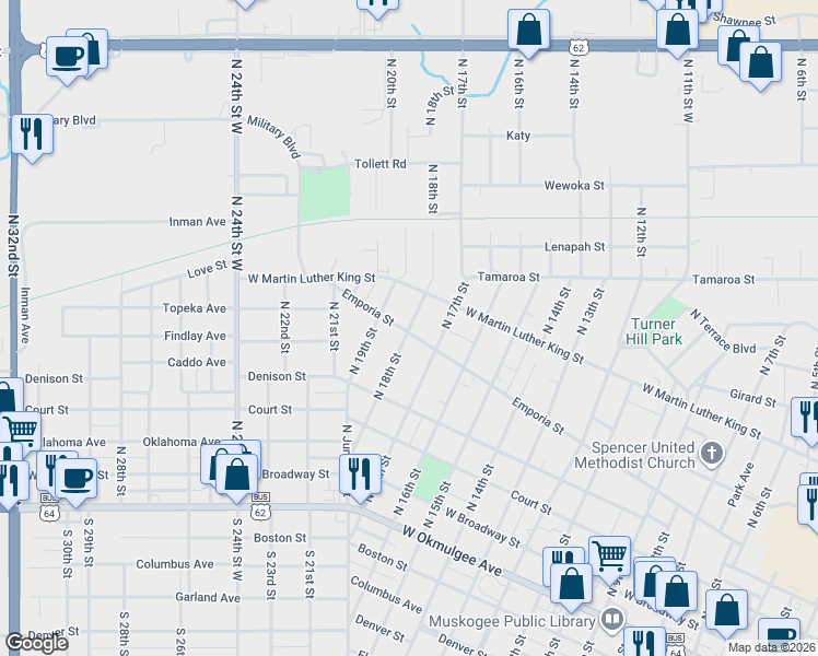 map of restaurants, bars, coffee shops, grocery stores, and more near 441 North 17th Street in Muskogee