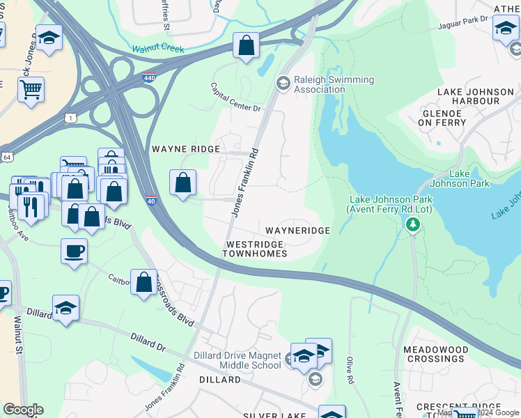 map of restaurants, bars, coffee shops, grocery stores, and more near 1501 Mary Frances Place in Raleigh