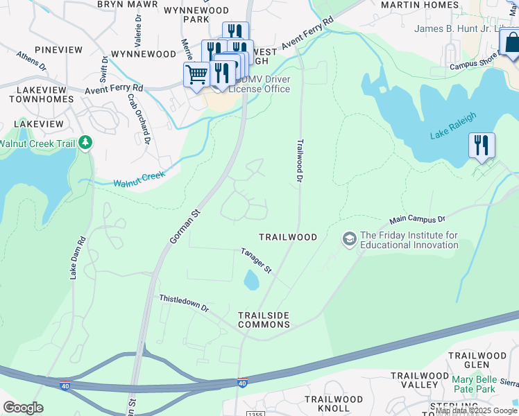 map of restaurants, bars, coffee shops, grocery stores, and more near 3004 Dorner Circle in Raleigh