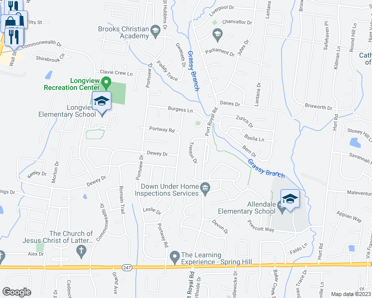 map of restaurants, bars, coffee shops, grocery stores, and more near 2023 Trenton Drive in Spring Hill