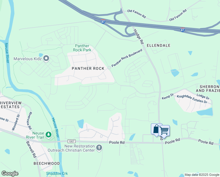 map of restaurants, bars, coffee shops, grocery stores, and more near 1015 Finley Point Place in Knightdale