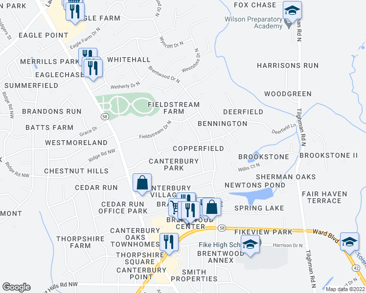 map of restaurants, bars, coffee shops, grocery stores, and more near 2712 Byerly Drive North in Wilson