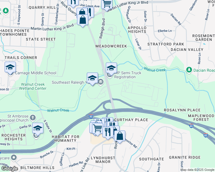 map of restaurants, bars, coffee shops, grocery stores, and more near 1448 Rock Quarry Road in Raleigh