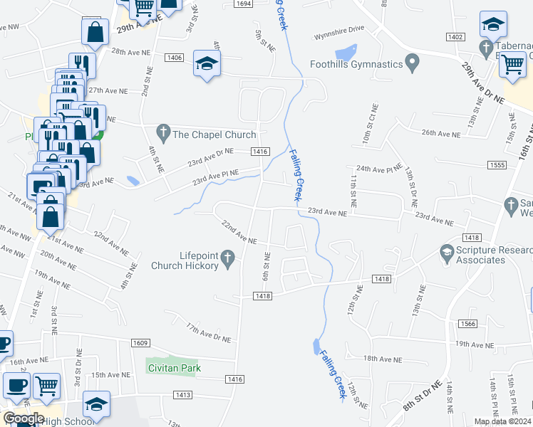map of restaurants, bars, coffee shops, grocery stores, and more near 2253 6th Street Northeast in Hickory