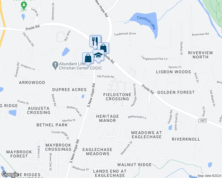 map of restaurants, bars, coffee shops, grocery stores, and more near 1255 Stone Manor Drive in Raleigh