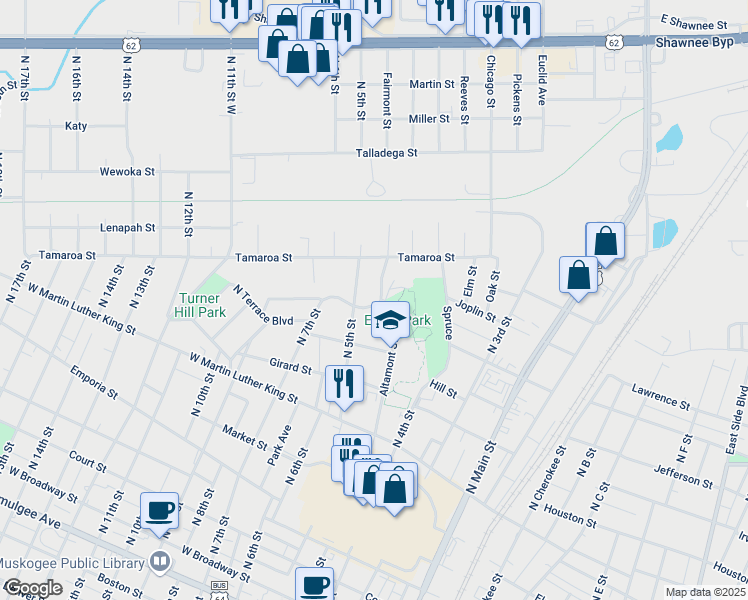 map of restaurants, bars, coffee shops, grocery stores, and more near 460 Tower Hill Boulevard in Muskogee