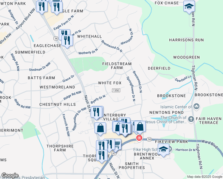 map of restaurants, bars, coffee shops, grocery stores, and more near 2908 Daffodil Drive North in Wilson