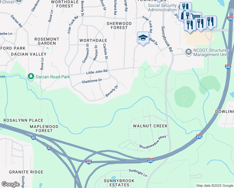 map of restaurants, bars, coffee shops, grocery stores, and more near 1436 Beverly Drive in Raleigh
