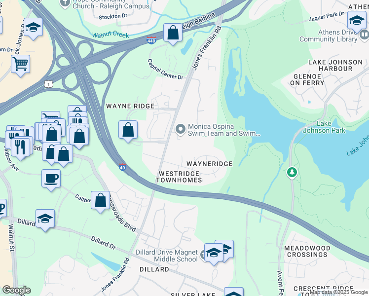 map of restaurants, bars, coffee shops, grocery stores, and more near 5433 Penwood Drive in Raleigh